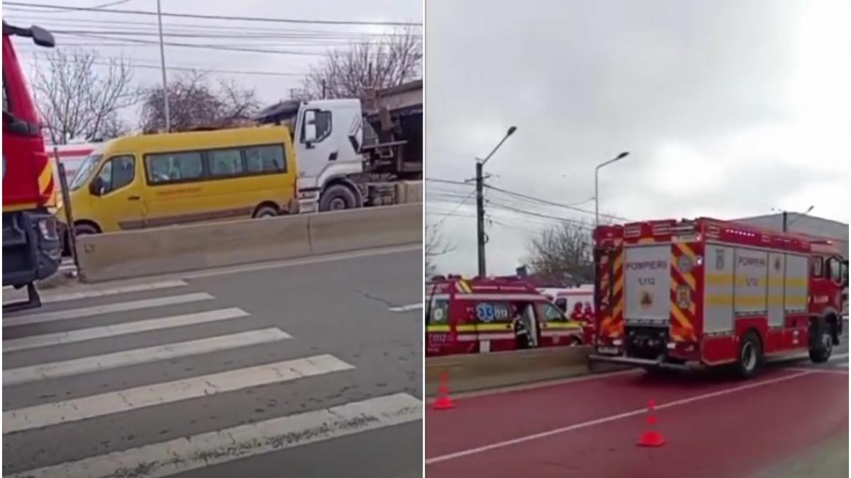Accident severe in Dambovita intre un microbuz scolar si un TIR patru copii au fost raniti S a activat
